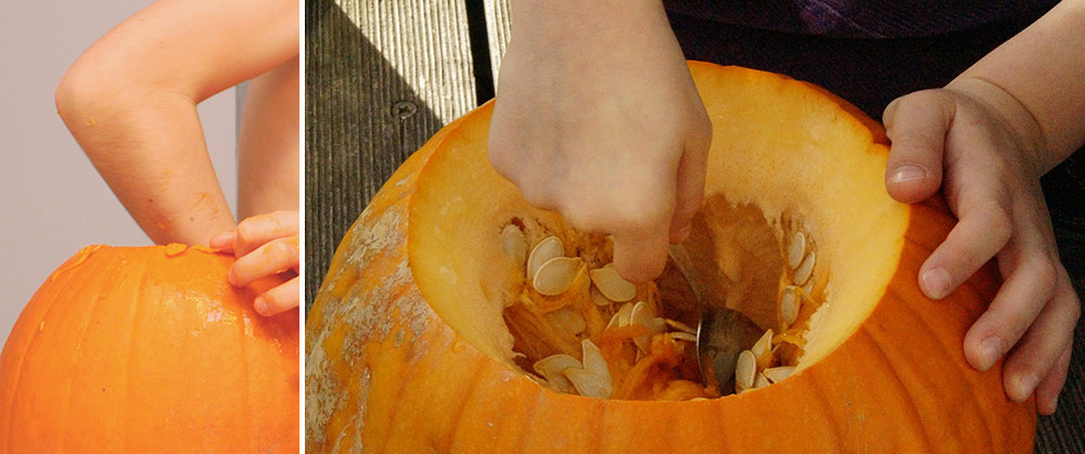 scooping out pumpkin insides